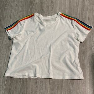 Katie J NYC, womens small/child’s medium, white t shirt with rainbow shoulders